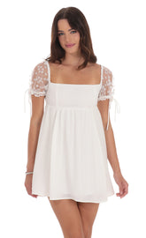 Daisy Puff Sleeve Babydoll Dress in White