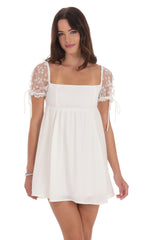 Daisy Puff Sleeve Babydoll Dress in White