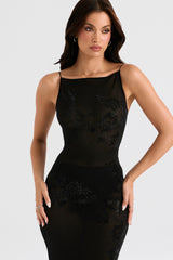 black mesh crystal embellished midi dress