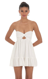 Dotted Strapless Babydoll Dress in White