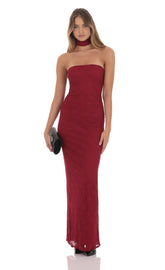 Scarf Lace Maxi Dress in Maroon