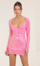 Iridescent Sequin Long Sleeve Dress in Pink