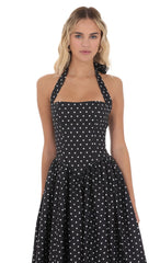Polka Dot Halter Midi Dress in Black