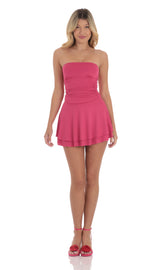 Strapless Ruched A-line Dress in Pink