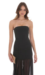 Strapless Chiffon Drop Skirt Maxi Dress in Black