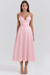 parisian pink satin a-line midi dress