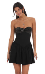 Sequin Strapless Fit and Flare Dress in Black