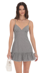 Pinstripe Scallop Ruffle Dress in Grey