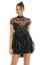 Floral Sequin Baby Doll Dress in Black