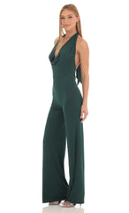 Drape Open Back Jumpsuit in Dark Green