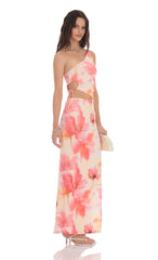 Floral One Shoulder Cutout Maxi Dress in Orange