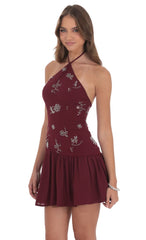 Floral Beaded Halter Dress in Burgundy