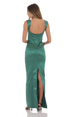 Satin Bodycon Maxi Dress in Green