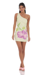 One Shoulder Floral Print Dress in Pastel Green