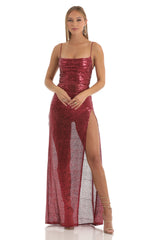 Sequin Cowl Neck Maxi Dress in Red