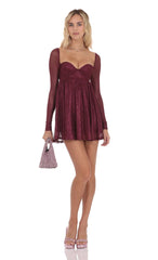 Foil Long Sleeve Babydoll Dress in Burgundy