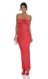 Satin Halter Flower Maxi Dress in Red