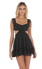 Striped Shimmer Ruffle Cutout Dress in Black