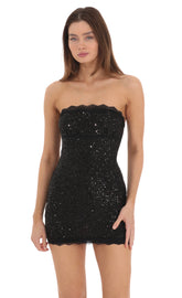 Lace Sequin Strapless Bodycon Dress in Black