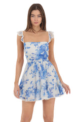 Blue Floral Fit and Flare Dress in White