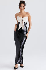 black sequin strapless bow dress