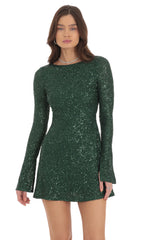 Sequin Long Sleeve Open Back Dress in Green