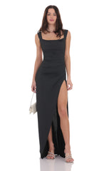 Open Back Bow Maxi Dress in Black