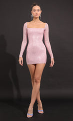 Square Neck Dress in Pink Sequins