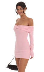 Twist Ribbed Off Shoulder Sweater Dress in Pink