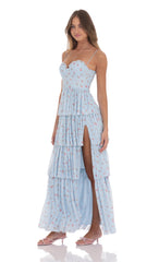 Floral Mesh Ruffle Maxi Dress in Blue