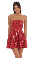 Sequin Strapless Fit and Flare Dress in Red