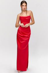 scarlet satin strapless gown