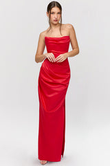 scarlet satin strapless gown