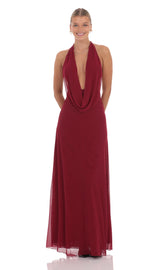 Mesh Plunge Cowl Neck Dress in Maroon