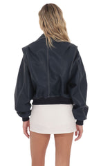 Faux Leather Bomber in Navy