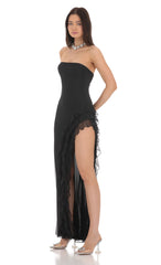 Mesh Strapless Triple Ruffle Maxi Dress in Black