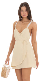 Embroidered Strap Wrap Dress in Yellow