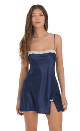 Satin Lace Bow Slit Dress in Navy
