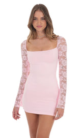 Floral Lace Long Sleeve Dress in Pink