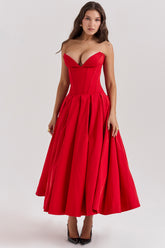 scarlet strapless midi dress