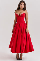 scarlet strapless midi dress