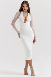 white plunge midi dress