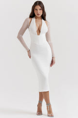 white plunge midi dress