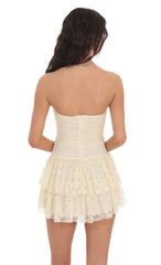 Lace Strapless Ruched Ruffle Dress in Cream