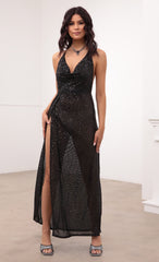 Cowl Neck Maxi Dress in Black Sequin