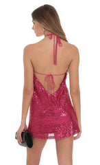 Sequin Halter Dress in Pink