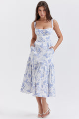 blue print midi sundress