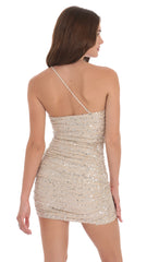 Silver Sequin Ruched One Shoulder Dress in Beige