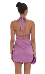 Satin Halter High Neck Dress in Purple