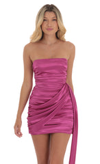 Satin Ruched Tassel Dress in Magenta